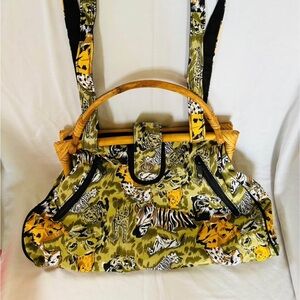 Olive & Mustard Animal-Print Shoulder Bag with Bamboo Handles